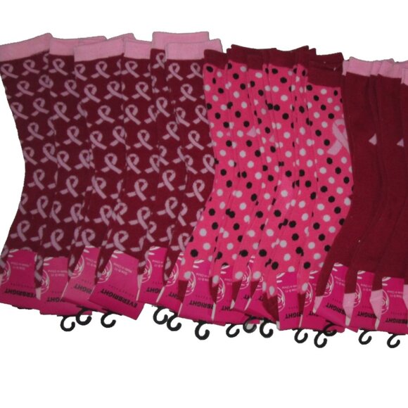 17 Pair Breast Cancer Awareness Pink Ribbon Crew Socks Shoe Size 4-10 - Picture 2 of 6
